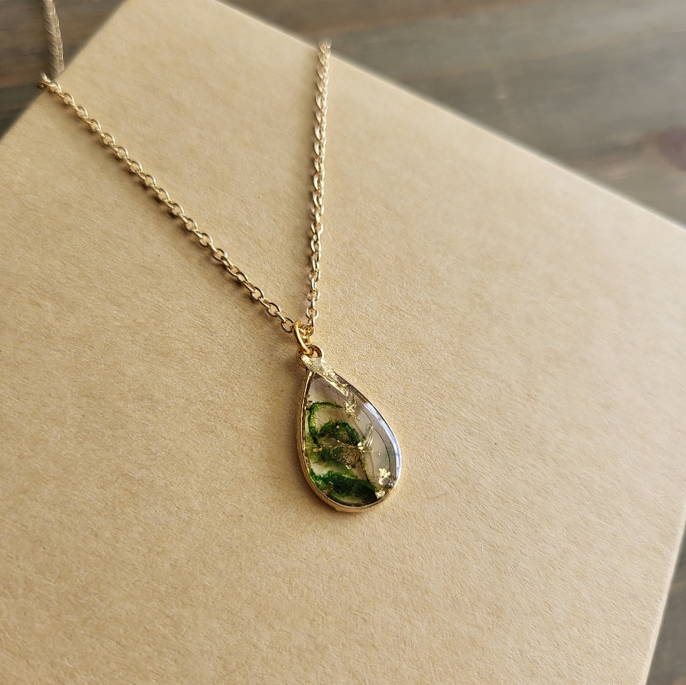 Petite Green Moss Resin Teardrop Necklace- Handmade Necklace- 18 Karat Gold Neck - Picture 3 of 7